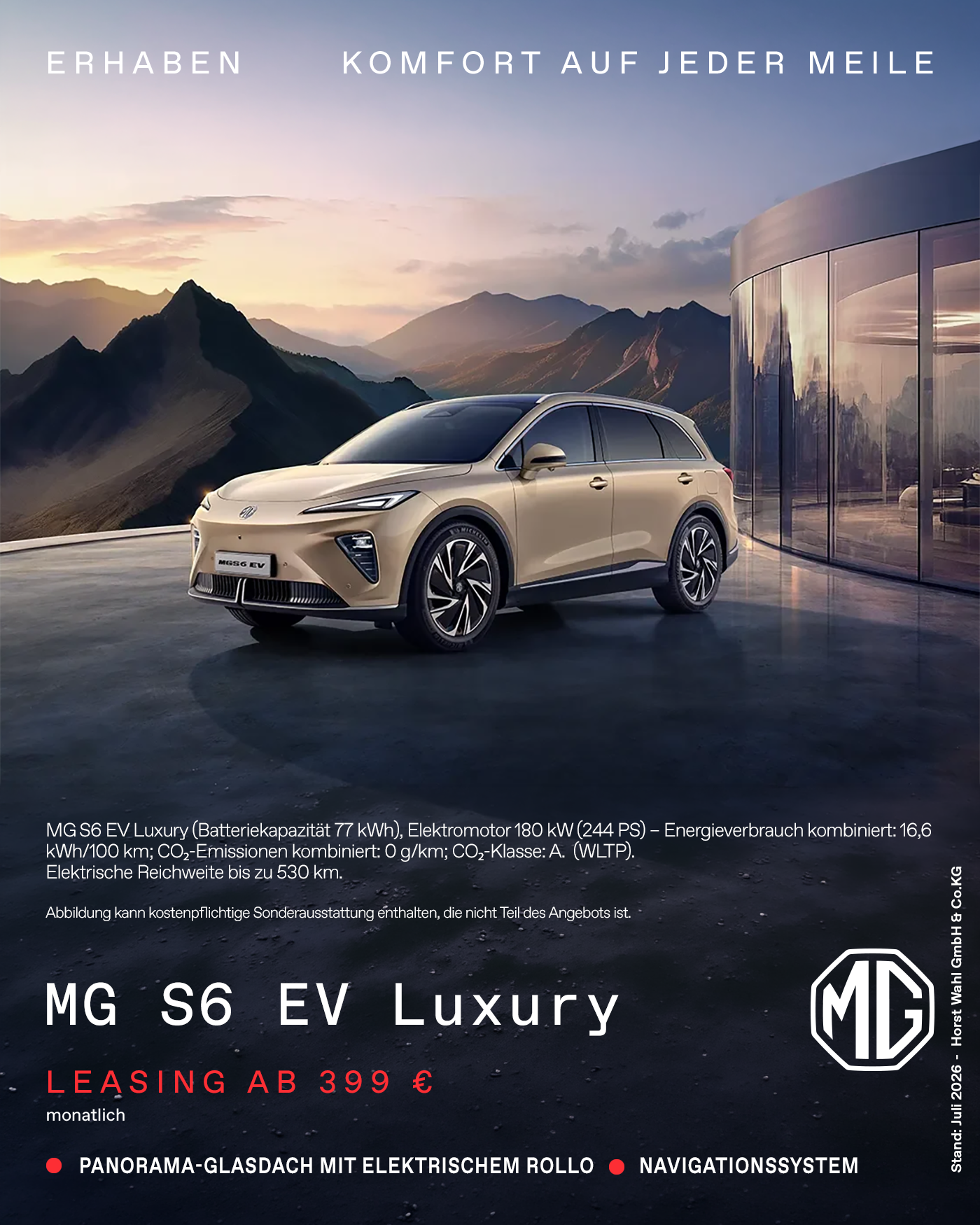 MGS6 EV Luxury – Leasingangebot für Privatkunden 399 EUR mtl. beim Autohaus Wahl